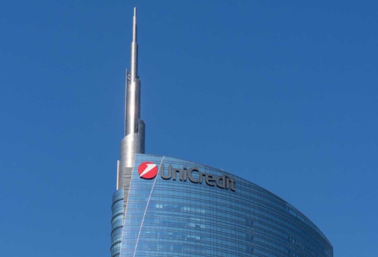 UniCredit logo on the upper part of UniCredit Tower building in Milan