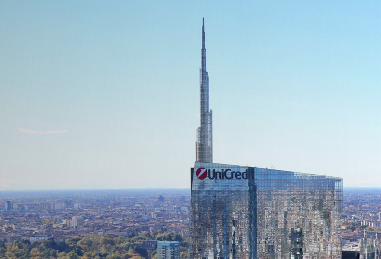 UniCredit logo on the upper part of UniCredit Tower building in Milan