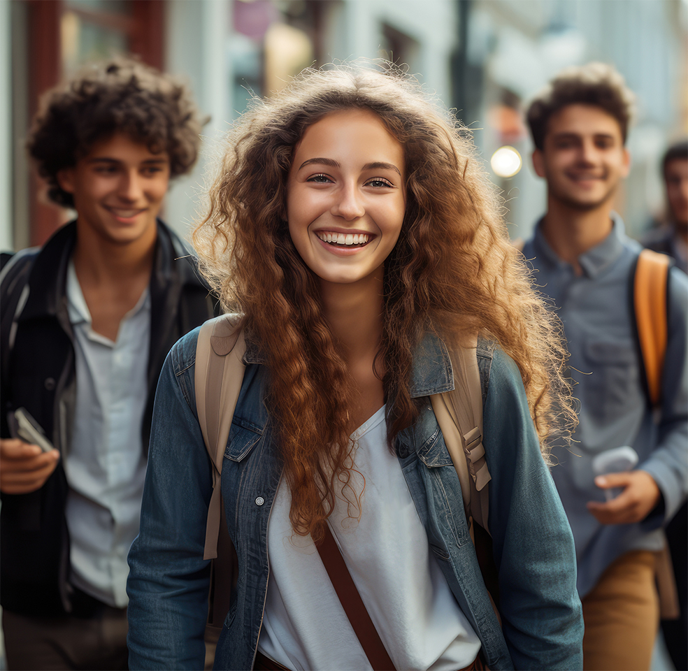 Young female student in the foreground smiling