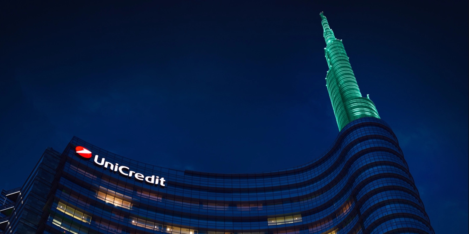 UniCredit tower lit up in green for World Mental Health Day