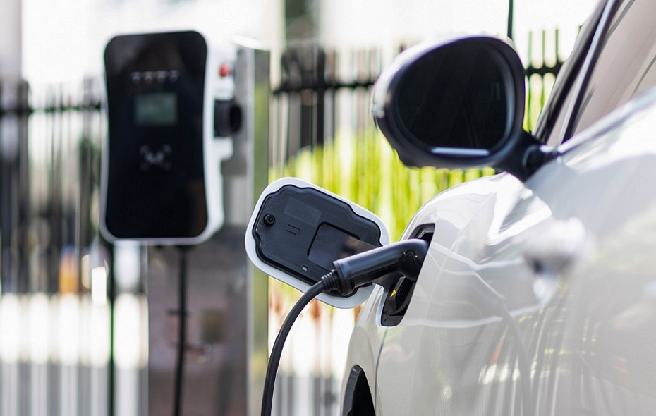 Focus close-up of an electric vehicle recharging battery